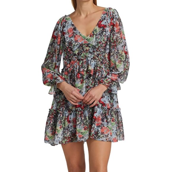 cinq a sept Dresses & Skirts - Cinq à Sept Women's Lewis Long Puff Sleeves Floral Georgette Mini Dress Blue